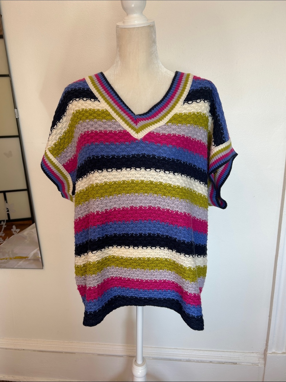 V-Neck Multicolor Striped Knit Sweater - Women's